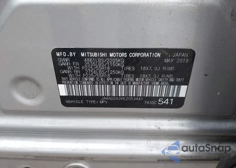 2019 Mitsubishi Outlander Es z USA, uszkodzony, nr VIN JA4AD2A3XKZ053441